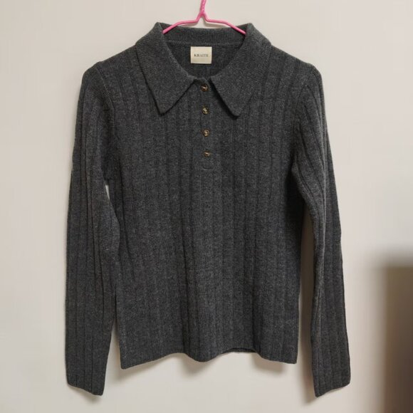 Khaite Gray 100% Wool Polo Collar Ribbed Sweater - Size S - Picture 1 of 6
